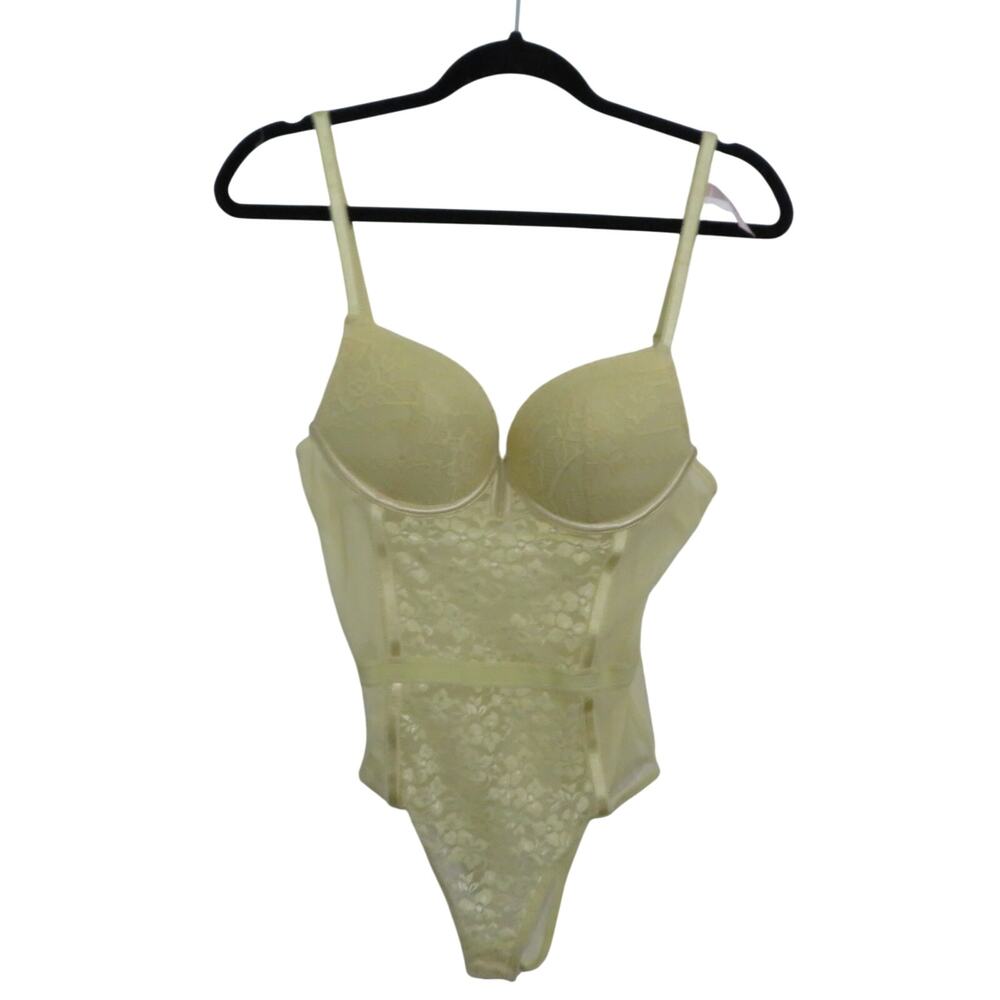 Daisy Fuentes Womens Sz M Light Yellow Sheer Lace Bodysuit Padded Underwire